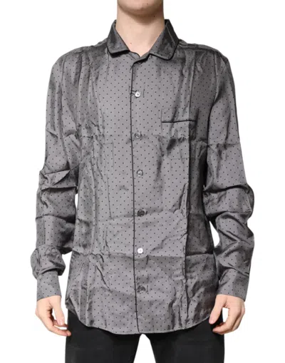 Pre-owned Dolce & Gabbana Gray Polka Dot Silk Long Sleeve Men's Shirt ()