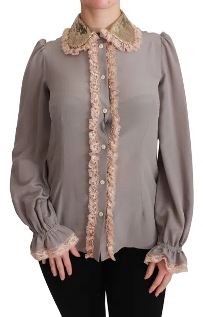 DOLCE & GABBANA DOLCE & GABBANA GRAY SILK GOLD SEQUIN LACE BLOUSE WOMEN'S SHIRT
