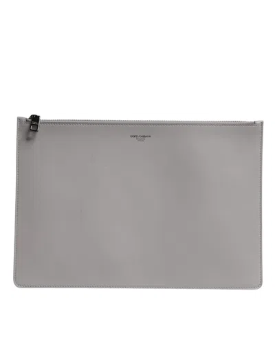 Pre-owned Dolce & Gabbana Gray Solid Leather Dg Logo Men Clutch Zip Pouch Men's Bag ()