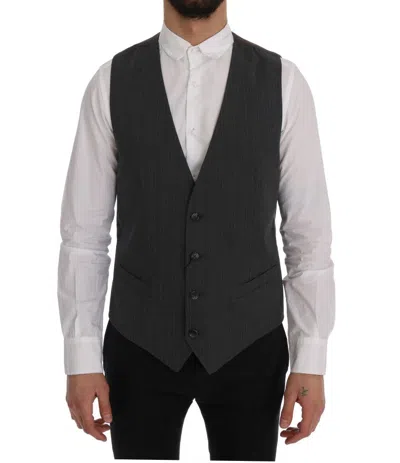Dolce & Gabbana Staff Striped Wool Slim Fit Waistcoat In Black