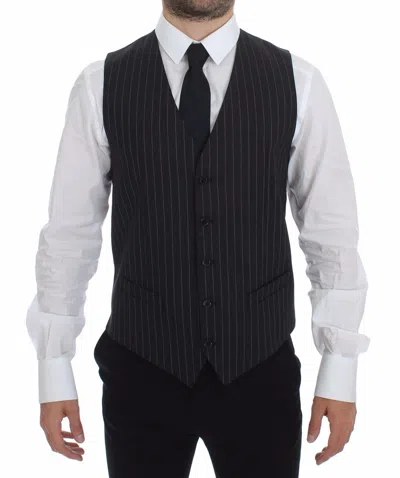 Dolce & Gabbana Gray Striped Wool Logo Vest Gilet Men's Weste In Black