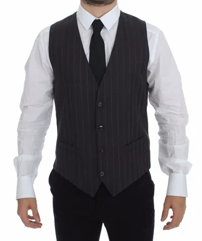 Dolce & Gabbana Gray Striped Wool Logo Vest Gilet Men's Weste In Black