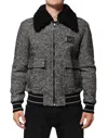 Dolce & Gabbana Gray Wool Herringbone Shearling Collar Bomber Jacket In Gray