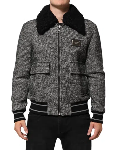 Dolce & Gabbana Gray Wool Herringbone Shearling Collar Bomber Men's Jacket In Multi