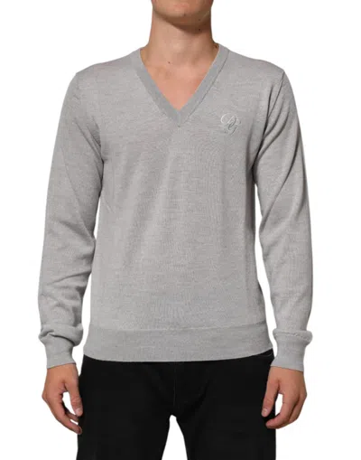 Pre-owned Dolce & Gabbana Gray Wool Knit Logo V-neck Pullover Men's Sweater ()