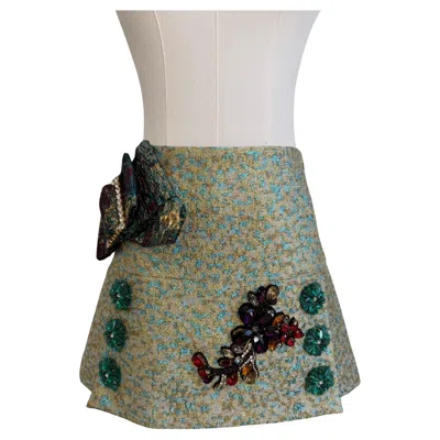 Pre-owned Dolce & Gabbana Green & Blue Metallic Jacquard Embellished Mini Skirt With Jewel Buckled Bow