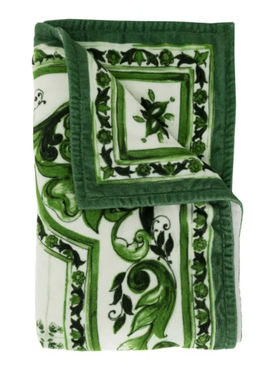 Dolce & Gabbana Green And White Beach Towel With Majolica-print In Cotton