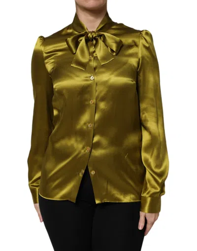 Pre-owned Dolce & Gabbana Green Ascot Collar Long Sleeves Blouse Women's Top ()
