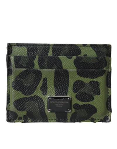 Dolce & Gabbana Green Black Leopard Logo Plaque Card Holder Wallet In Multi