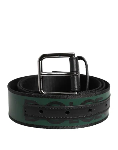 Pre-owned Dolce & Gabbana Green Black Polyester Dg Logo Buckle Men's Belt ()