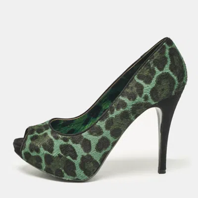 Pre-owned Dolce & Gabbana Green Calf Hair Peep Toe Pumps Size 37.5