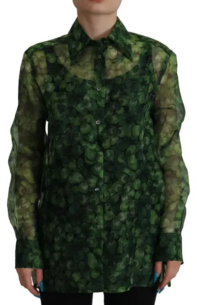 Dolce & Gabbana Green Clover Print Long Sleeves Collared Top Women's Blouse