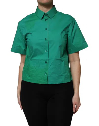 Pre-owned Dolce & Gabbana Green Collared Cotton Short Sleeves Blouse Women's Top ()