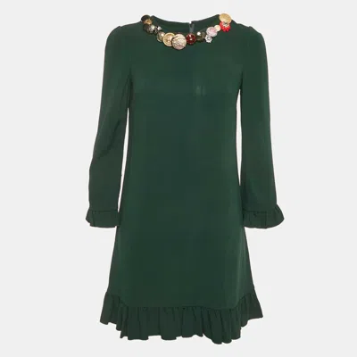 Pre-owned Dolce & Gabbana Green Crepe Bejeweled Buttons Flounce Dress S