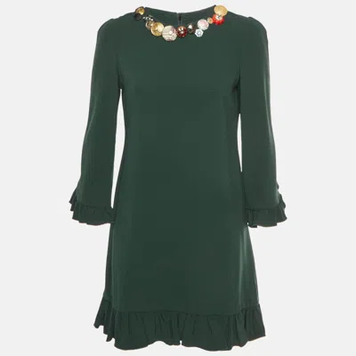 Pre-owned Dolce & Gabbana Green Crepe Bejeweled Ruffled Mini Dress M