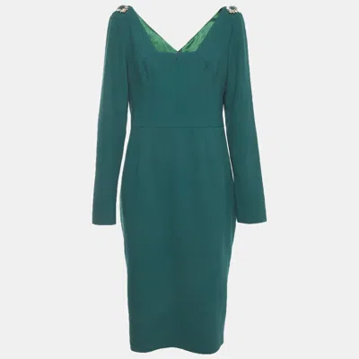 Pre-owned Dolce & Gabbana Green Crepe Crystal Embellished Knee Length Dress L