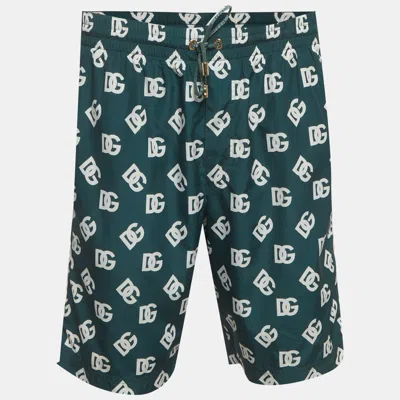 Pre-owned Dolce & Gabbana Green Dg Monogram Print Synthetic Swim Shorts L