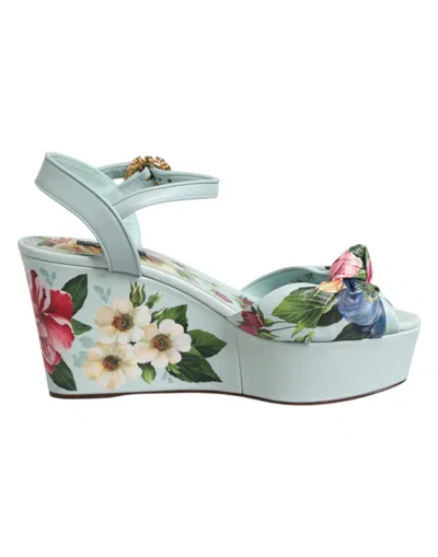 Dolce & Gabbana Green Floral Ankle Strap Wedge Sandals Shoes In Blue