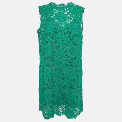 Pre-owned Dolce & Gabbana Green Floral Lace Mini Dress Xl
