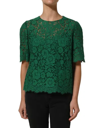 Dolce & Gabbana Green Floral Lace Round Neck Blouse Women's Top
