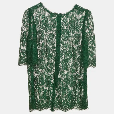 Pre-owned Dolce & Gabbana Green Floral Lace Sheer Top S