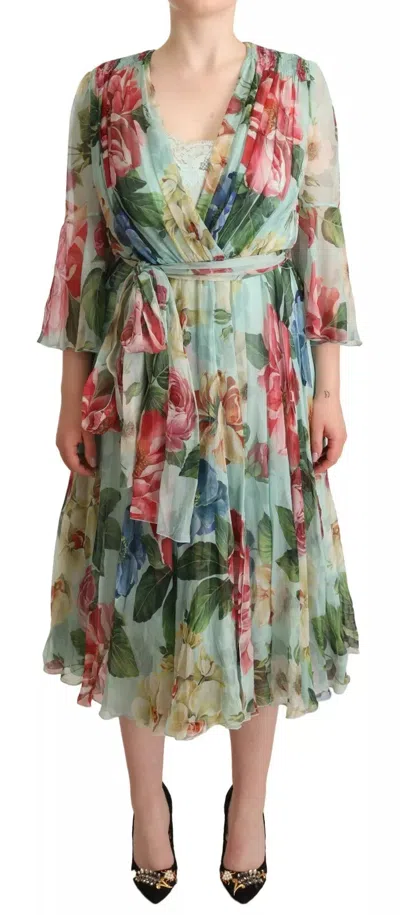 Pre-owned Dolce & Gabbana Green Floral Long Sleeve V-neck Midi Women's Dress ()