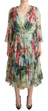 Dolce & Gabbana Crossed Chiffon Midi Dress With Floral Ombre Print In Green