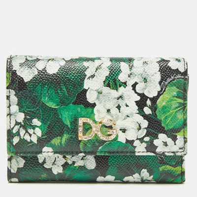 Pre-owned Dolce & Gabbana Green Floral Printed Leather Dg Crystals Trifold Wallet