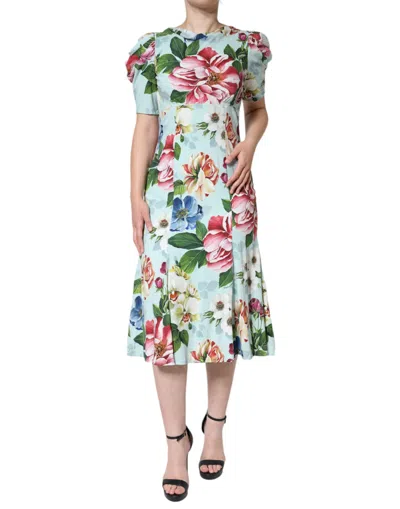Dolce & Gabbana Green Floral Short Sleeves Round Neck Dress In Blue