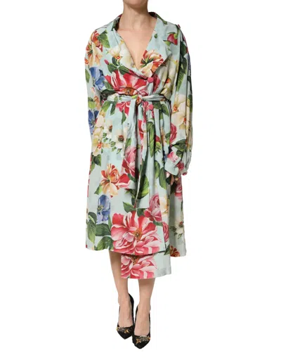 Dolce & Gabbana Green Floral Silk Wrap Midi Long Sleeve Dress In Blue