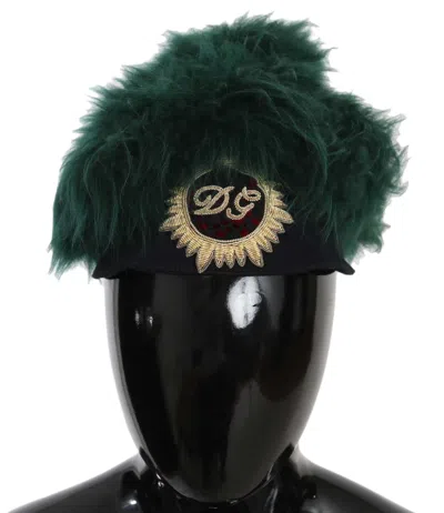 Dolce & Gabbana Green Fur Dg Logo Embroidered Cloche Women's Hat