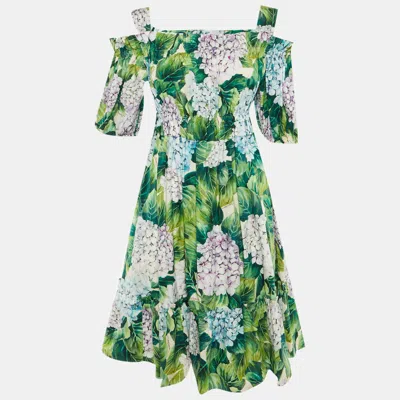 Pre-owned Dolce & Gabbana Green Hydrangea Print Cotton Midi Dress M