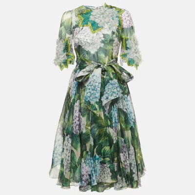 Pre-owned Dolce & Gabbana Green Hydrangea Print Organza Silk Midi Dress S
