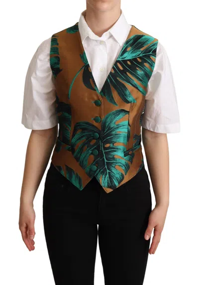 DOLCE & GABBANA DOLCE & GABBANA GREEN JACQUARD LEAF GOLD WAISTCOAT WOMEN'S VEST