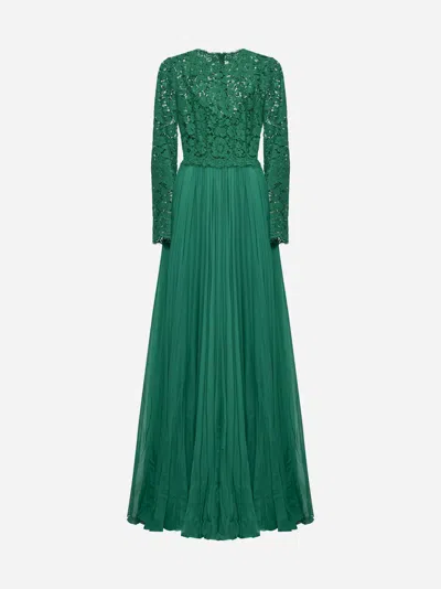 Dolce & Gabbana Silk-blend Lace And Pleated Chiffon Gown In Green