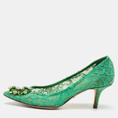 Pre-owned Dolce & Gabbana Green Lace Bellucci Crystal Embellishment Pumps Size 37