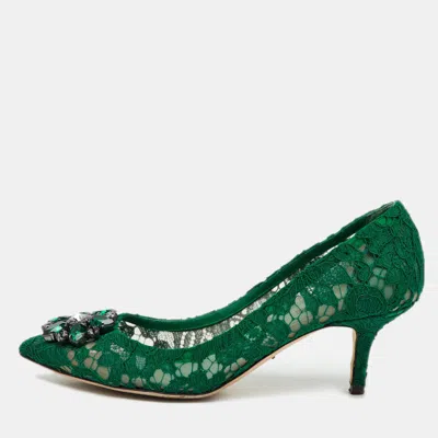 Pre-owned Dolce & Gabbana Green Lace Bellucci Crystal Embellishment Pumps Size 39