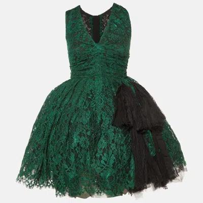 Pre-owned Dolce & Gabbana Green Lace Bow Detail Flared Mini Dress S