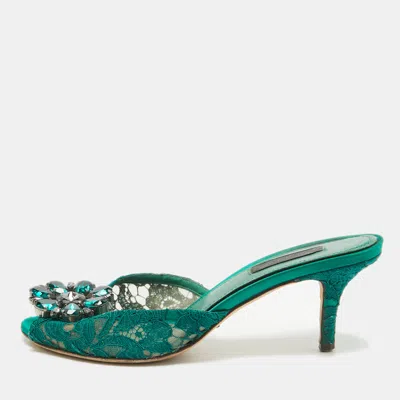 Pre-owned Dolce & Gabbana Green Lace Crystal Embellished Sandals Size 36