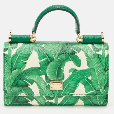 Pre-owned Dolce & Gabbana Green Leaf Print Leather Miss Sicily Von Wallet On Chain
