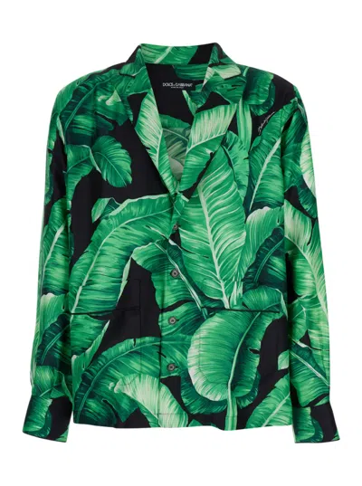 Dolce & Gabbana Black & Green Leaf Print Shirt In Silk Man In Multi