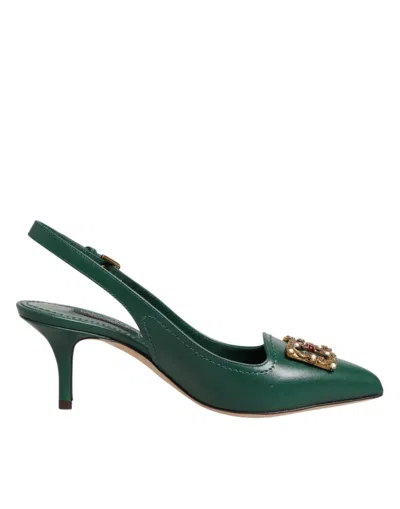 Dolce & Gabbana Green Leather Amore Heels Slingbacks Shoes