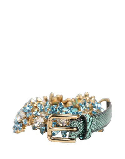 Dolce & Gabbana Green Leather Daisy Crystal Embellished Waist Belt In Blue