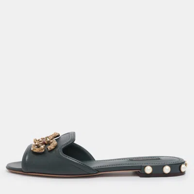 Pre-owned Dolce & Gabbana Green Leather Dg Amore Logo Embellished Flat Slide Sandals Size 38