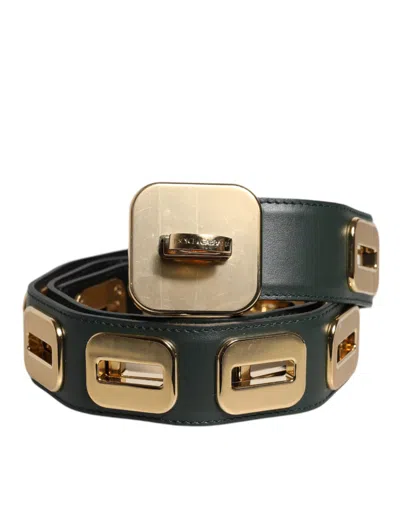 Dolce & Gabbana Green Leather Gold Tone Rotating Buckle Women's Belt