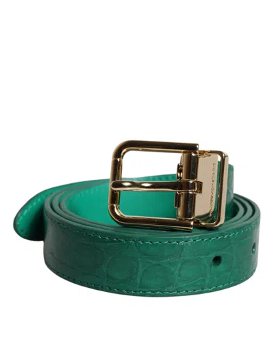 Dolce & Gabbana Green Leather Logo Metal Waist Buckle Women's Belt