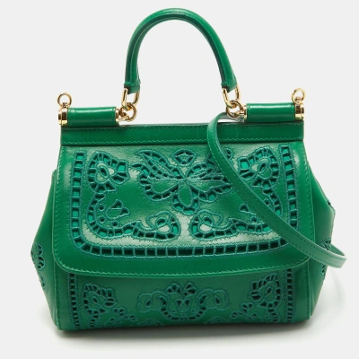 Pre-owned Dolce & Gabbana Green Leather Small Embroidered Miss Sicily Top Handle Bag