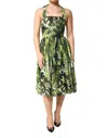 Dolce & Gabbana Green Leaves Print Cotton Halter Midi Women's Dress In Multi
