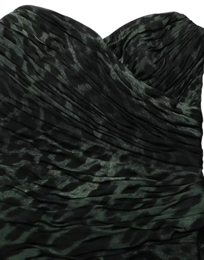Dolce & Gabbana Green Leopard Print Bustier Draped Midi Dress In Black