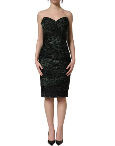 Dolce & Gabbana Silk Leopard Print Bustier Draped Dress In Green